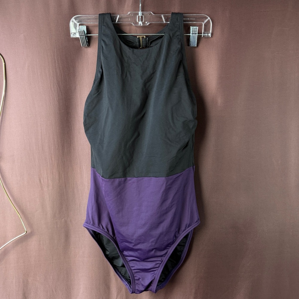 Lands' End Women's S‎ Black & Purple One Piece Swimsuit Racerback